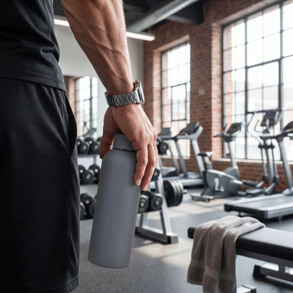 bouteille isotherme grise tenue par un homme a la salle de sport