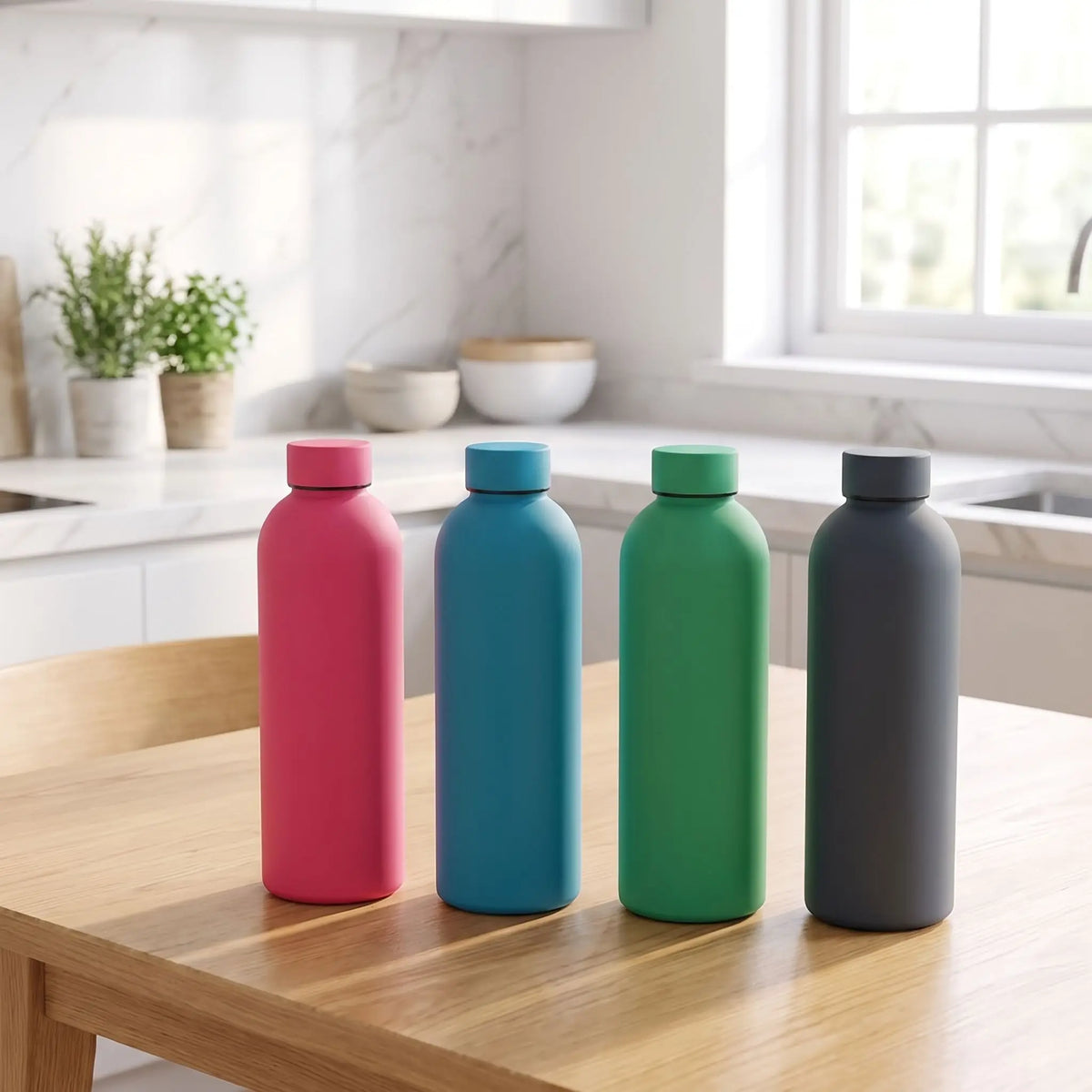 bouteille isotherme rose bleu verte et grise sur comptable cuisine