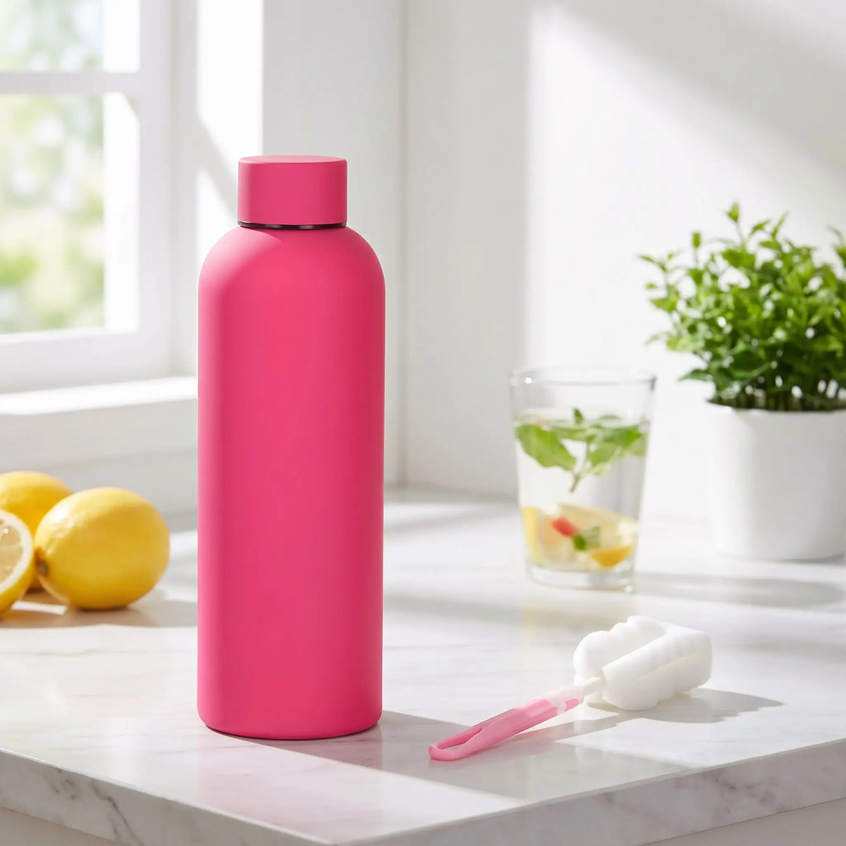 bouteille isotherme rose sur comptoir cuisine