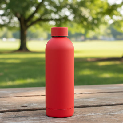 bouteille isotherme rouge sur table au parc