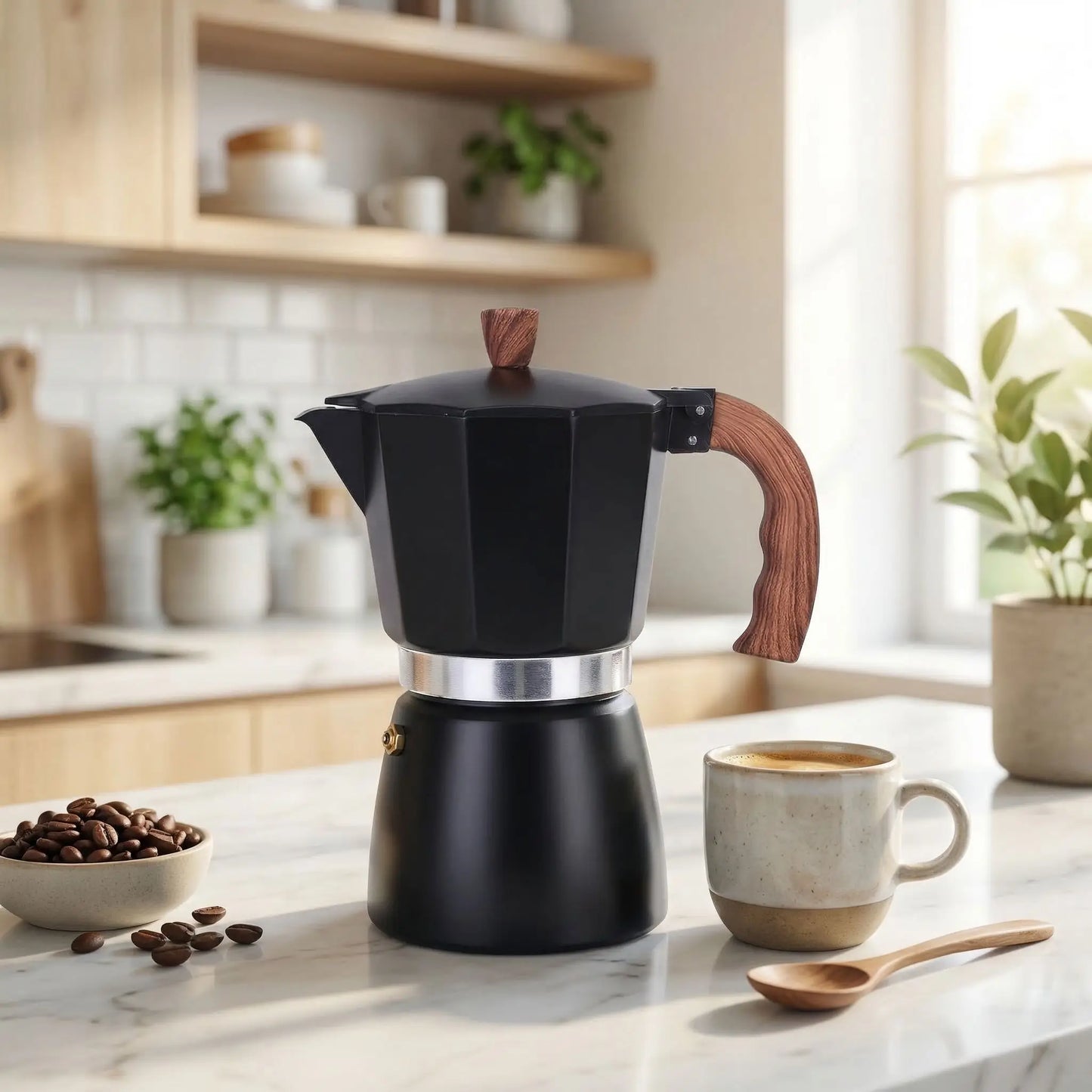 cafetière italienne sur comptoir cuisine tasse cuilliere bol cafe grain a cote