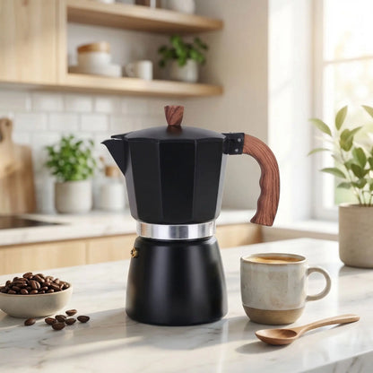 cafetière italienne sur comptoir cuisine tasse cuilliere bol cafe grain a cote