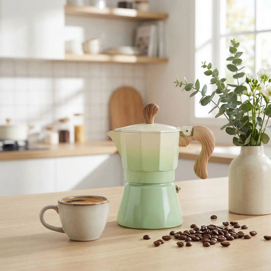cafetiere expresso italienne verte degrade sur comptoir cuisine tasse cafe et grain en decor