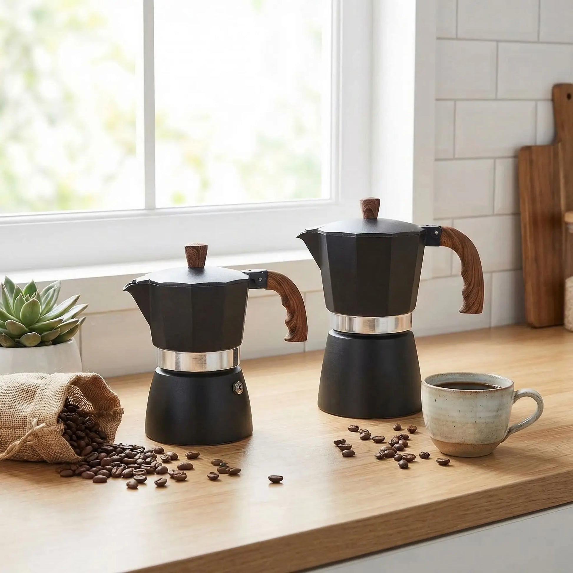 cafetière italienne 300ml 150ml sur comptoir cuisine tasse cafe grain a cote planche en decor
