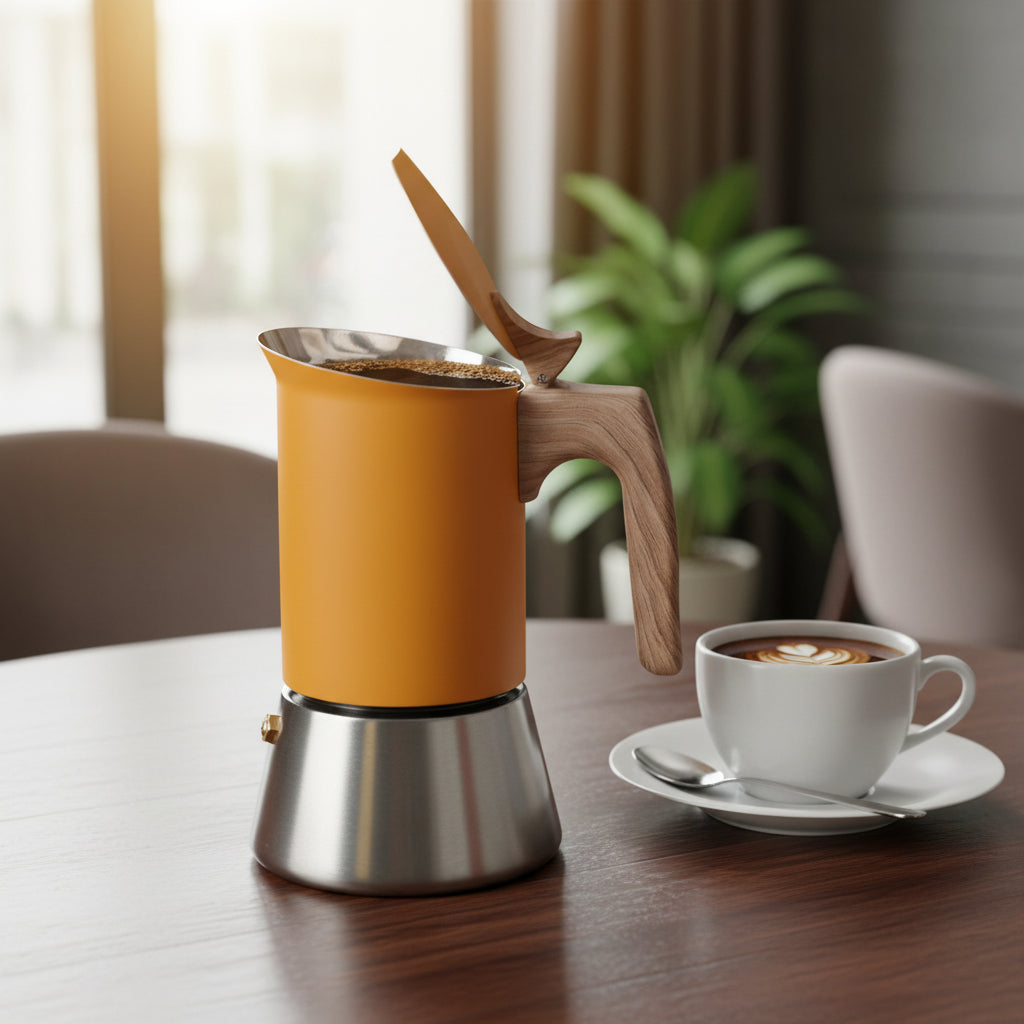 cafetiere italienne 6 tasses sur table au bureau tasse cafe a cote