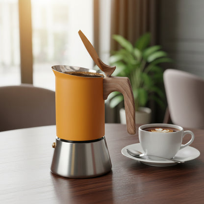 cafetiere italienne 6 tasses sur table au bureau tasse cafe a cote