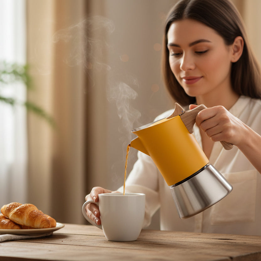 cafetiere italienne 6 tasses utiliser par une femme pour servir son cafe croissant a cote