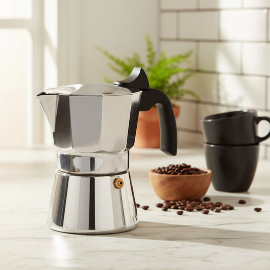 cafetiere italienne cafe avec tasse cafe grain en decor en cuisine