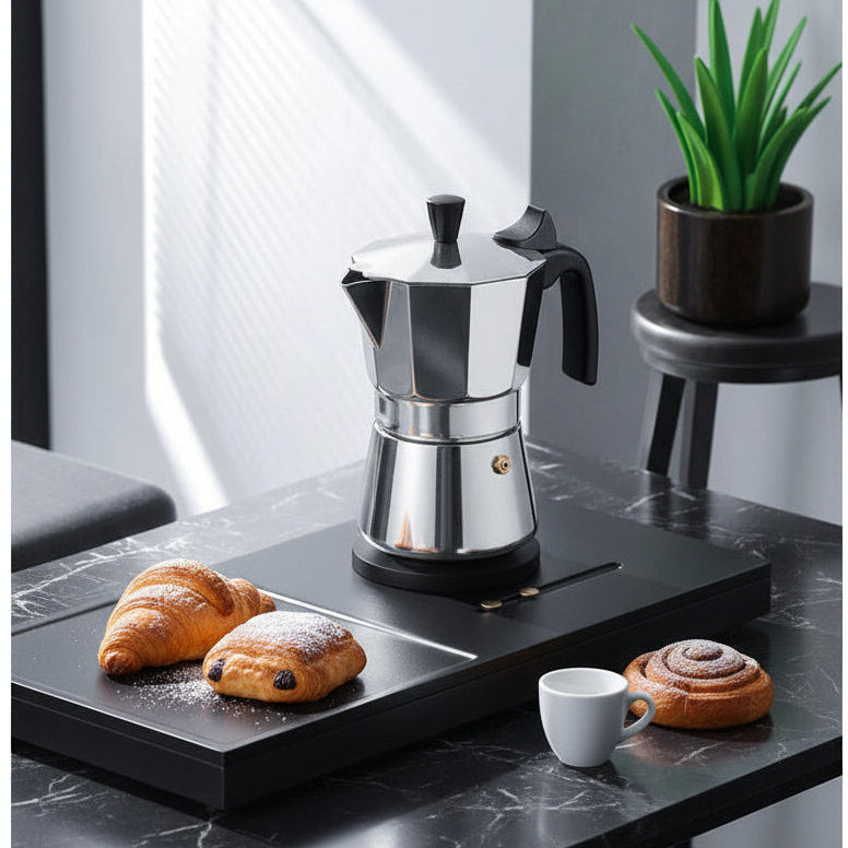 cafetiere italienne cafe utilise sur plateau en petit dejeuner