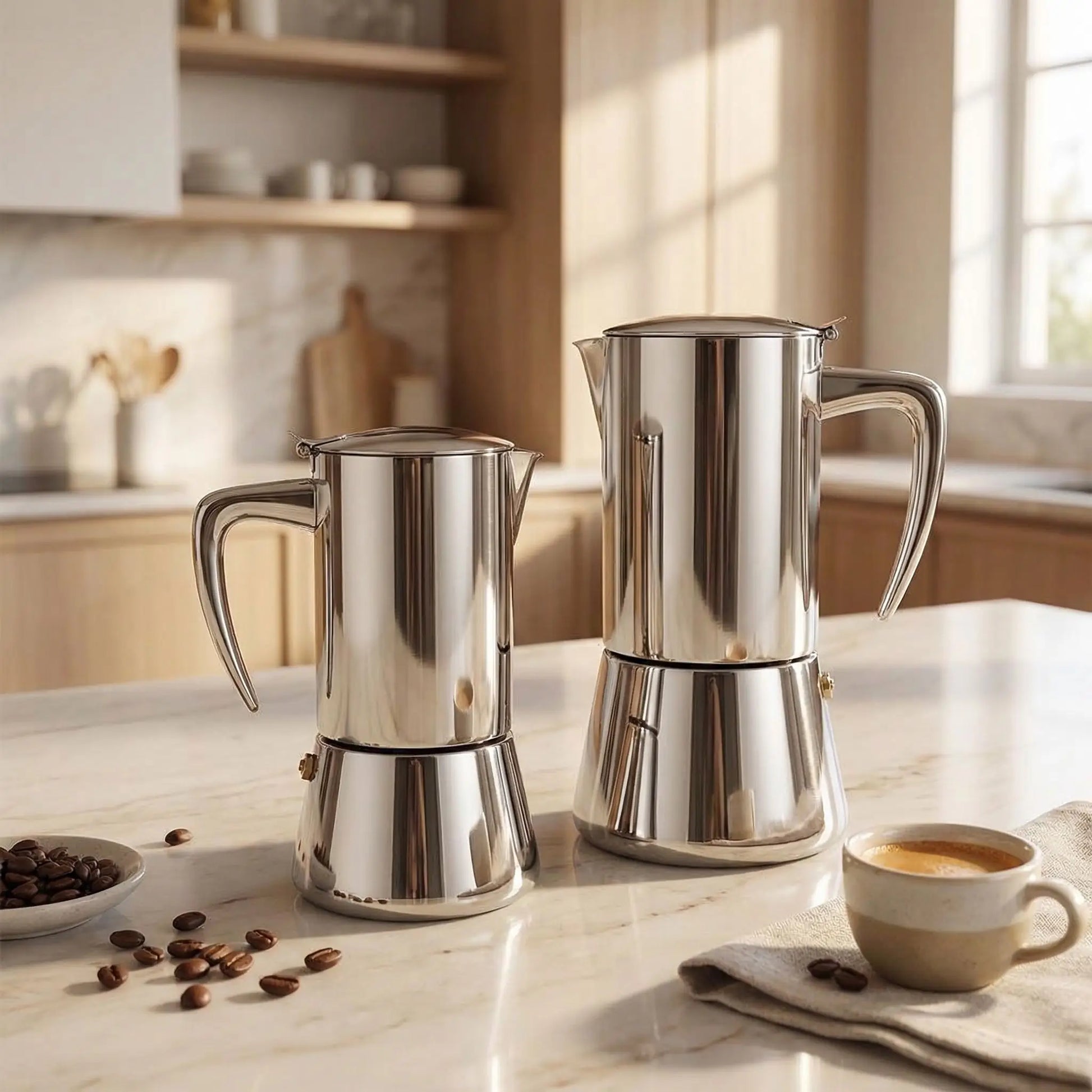 cafetière italienne en inox 200ml et 300ml en cuisine cafe gain et tasse cafe a cote