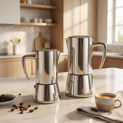 cafetière italienne en inox 200ml et 300ml en cuisine cafe gain et tasse cafe a cote