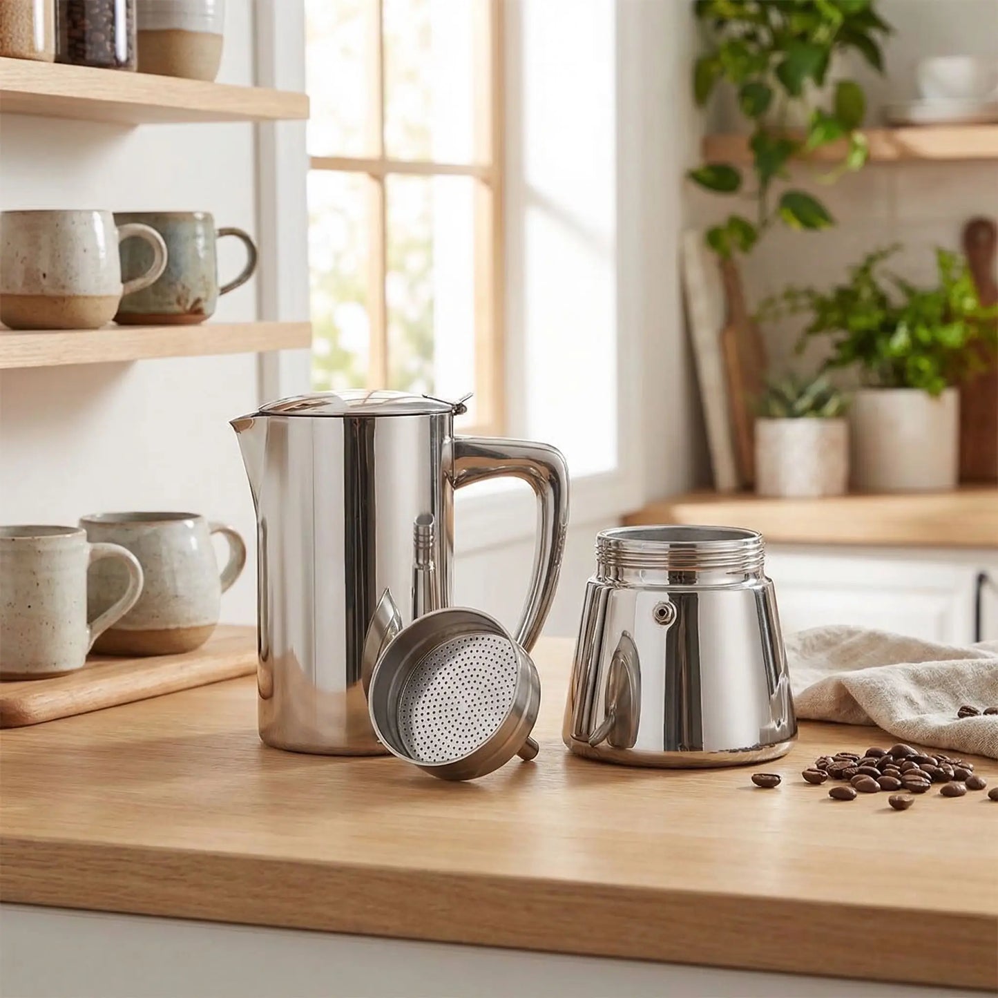 cafetière italienne en inox en piece sur table cuisine cafe grain tasses en decor