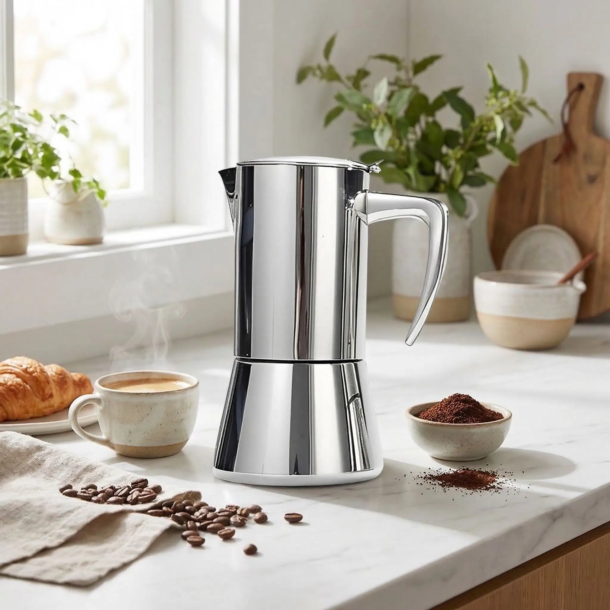 cafetière italienne en inox sur comptoir cuisine croissant tasse cafe grain cafe et cafe moulu vase fleur a cote
