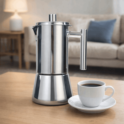 cafetiere italienne induction sur table tasse cafe a cote au salon