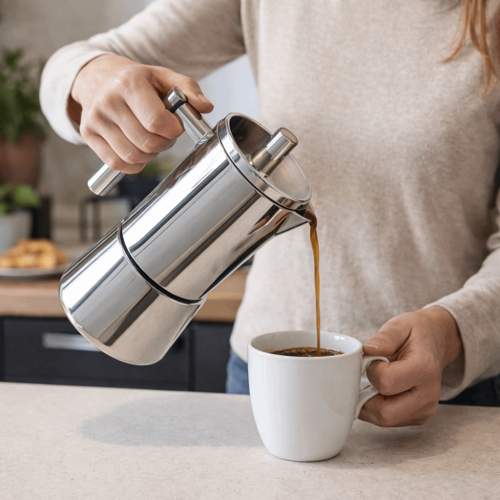 cafetiere italienne induction utilise par femme servant son cafe