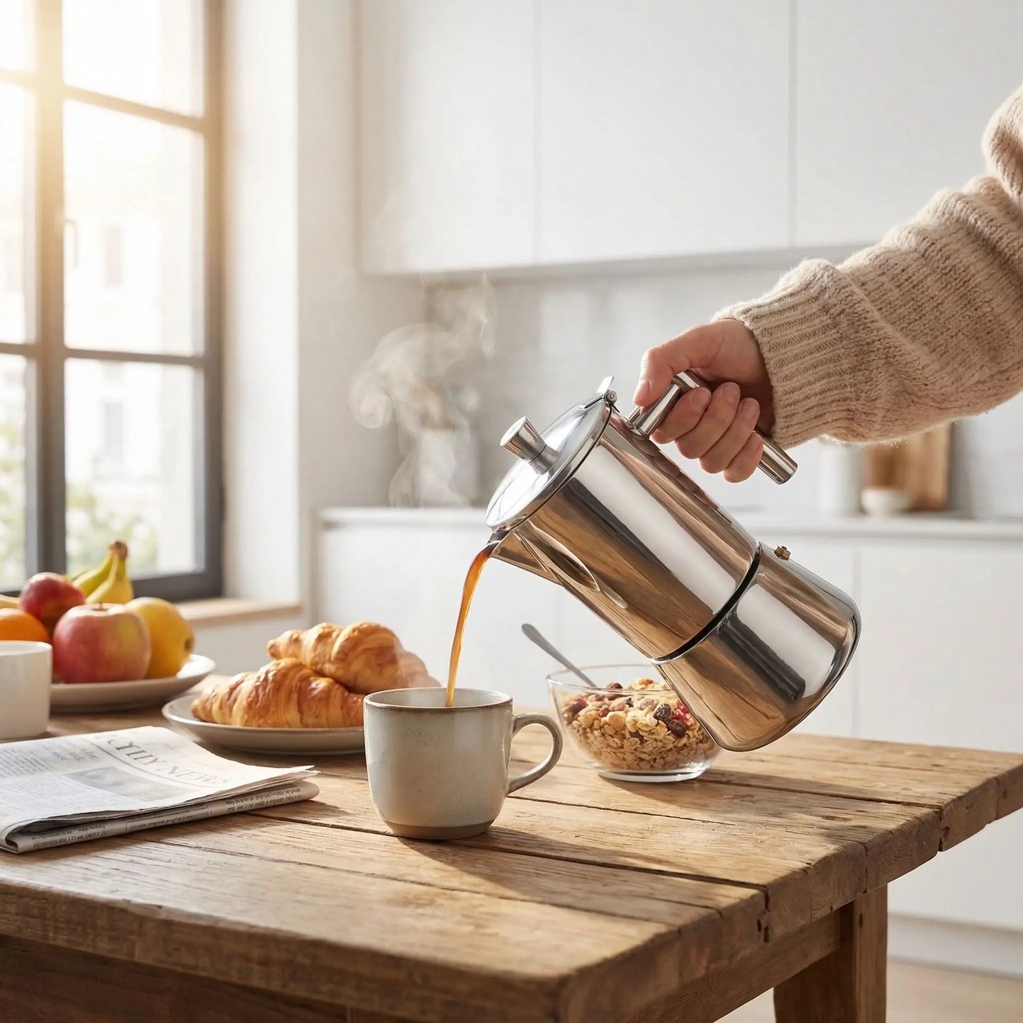 cafetiere italienne induction utilise par une femme au petit dejeune