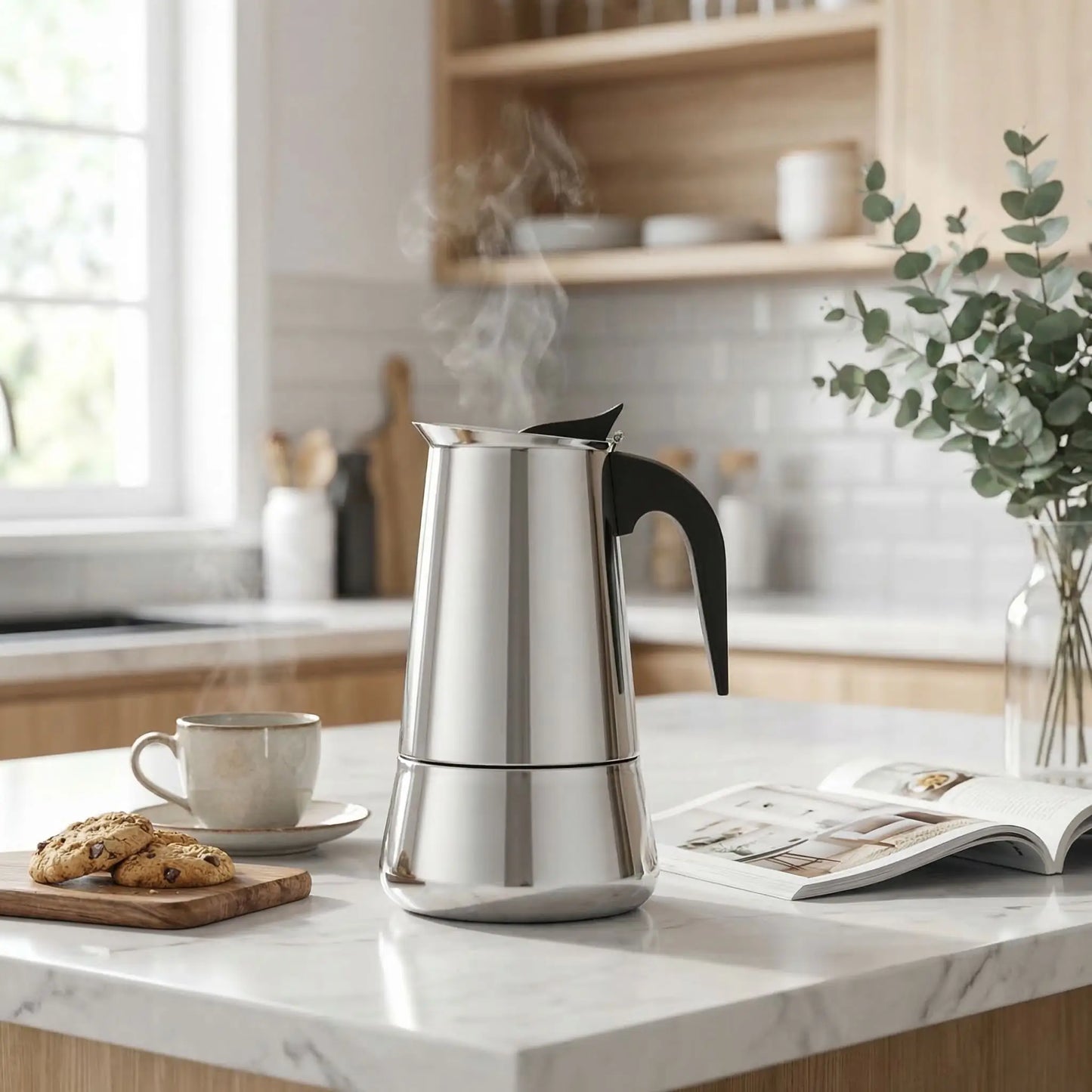  cafetière italienne inox sur table cuisine tasse cafe cookies fleur en decor