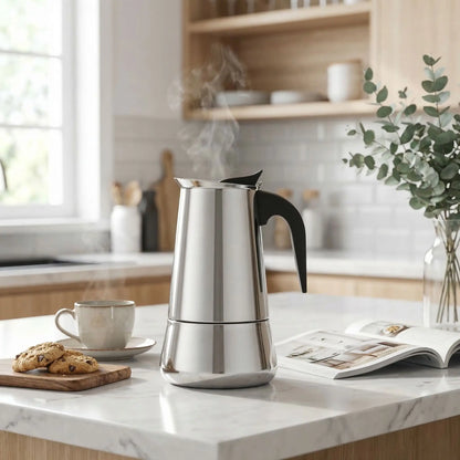  cafetière italienne inox sur table cuisine tasse cafe cookies fleur en decor