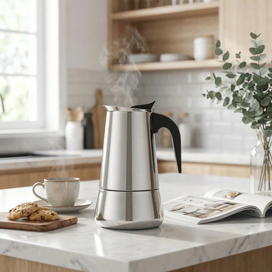  cafetière italienne inox sur table cuisine tasse cafe cookies fleur en decor