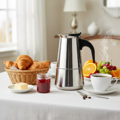 cafetiere italienne inox sur table nappe blanche au petit dejeuner