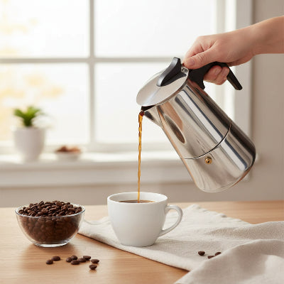 cafetiere italienne inox tenue par une personne servant cafe bol cafe grain a cote