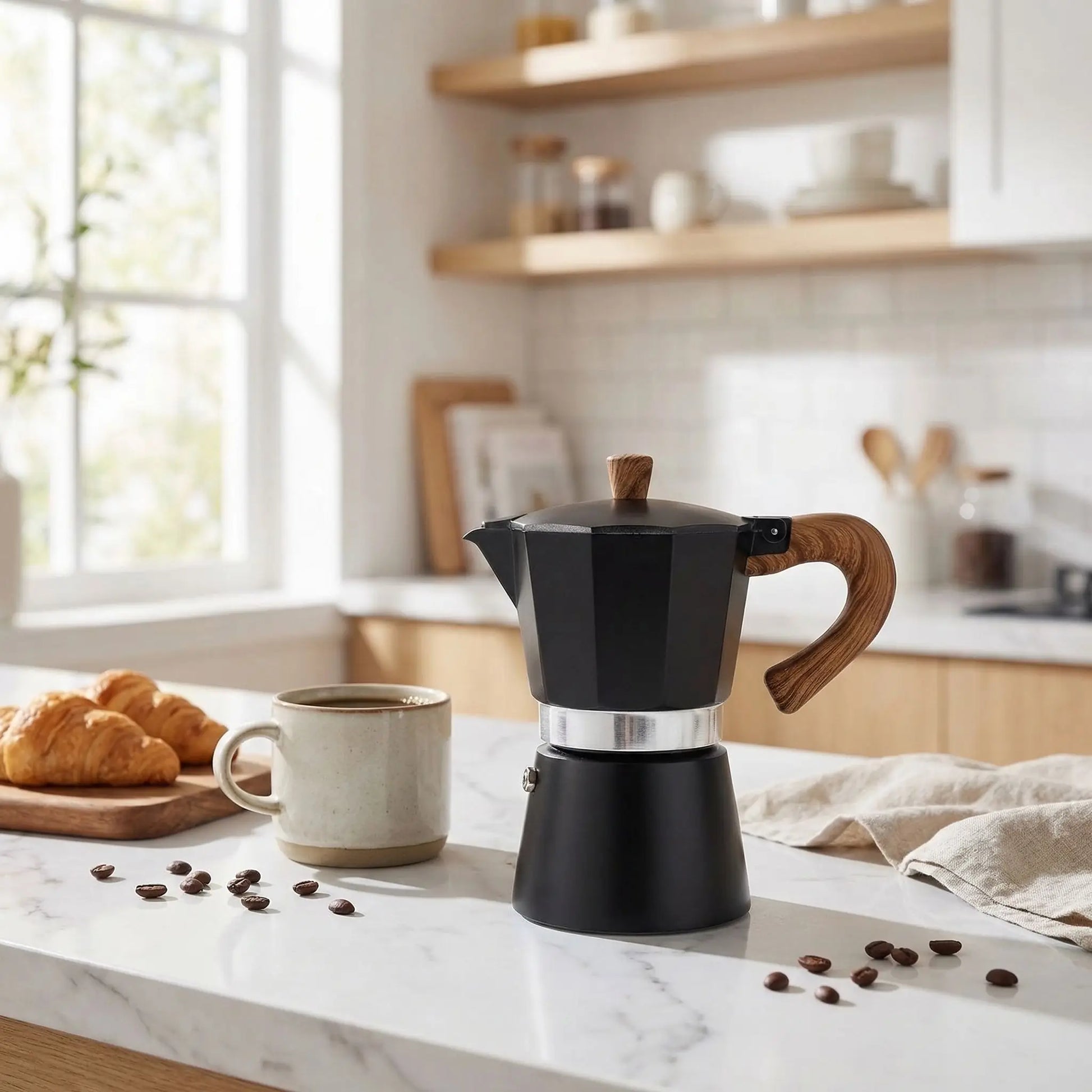 cafetiere italienne moka au petit dejeuner tasse grain cafe et croissant a cote