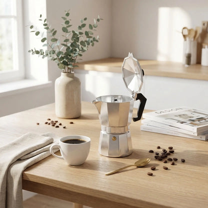 cafetiere italienne sur table en cuisine tasse cafe grain cuillere pot fleur livre et serviette en decor