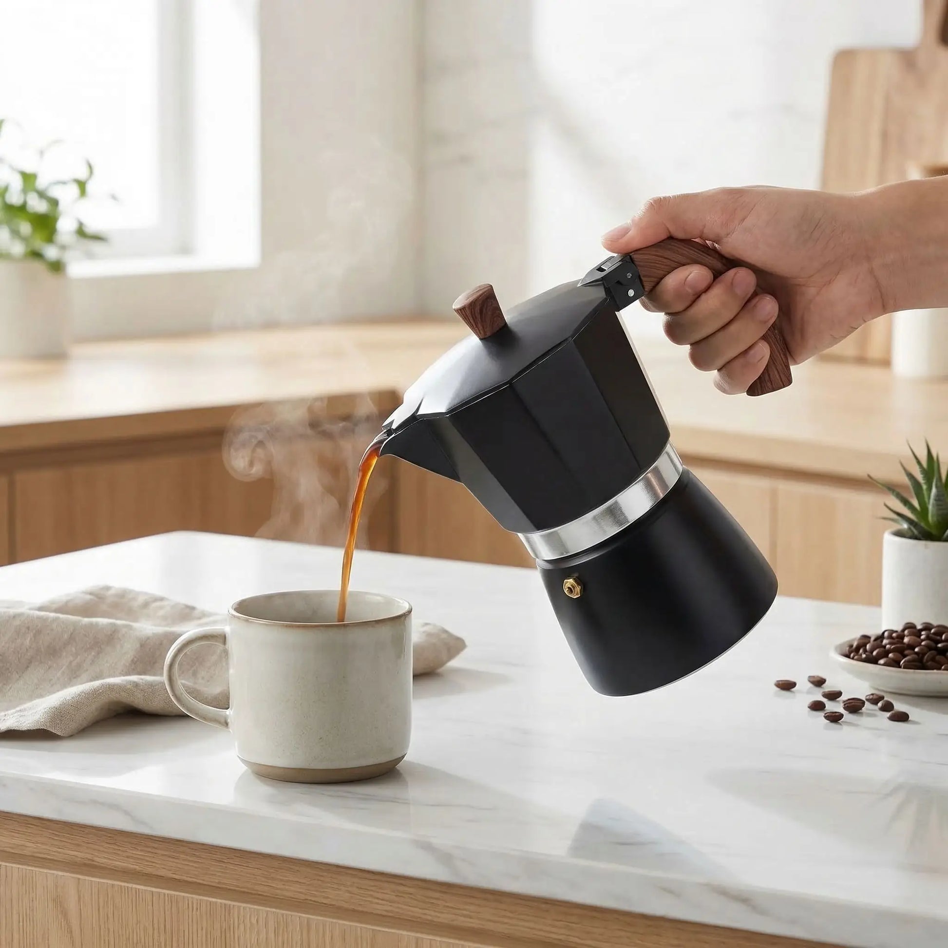 cafetière italienne utilise par une personne servant son cafe grain cafe fleur en decor