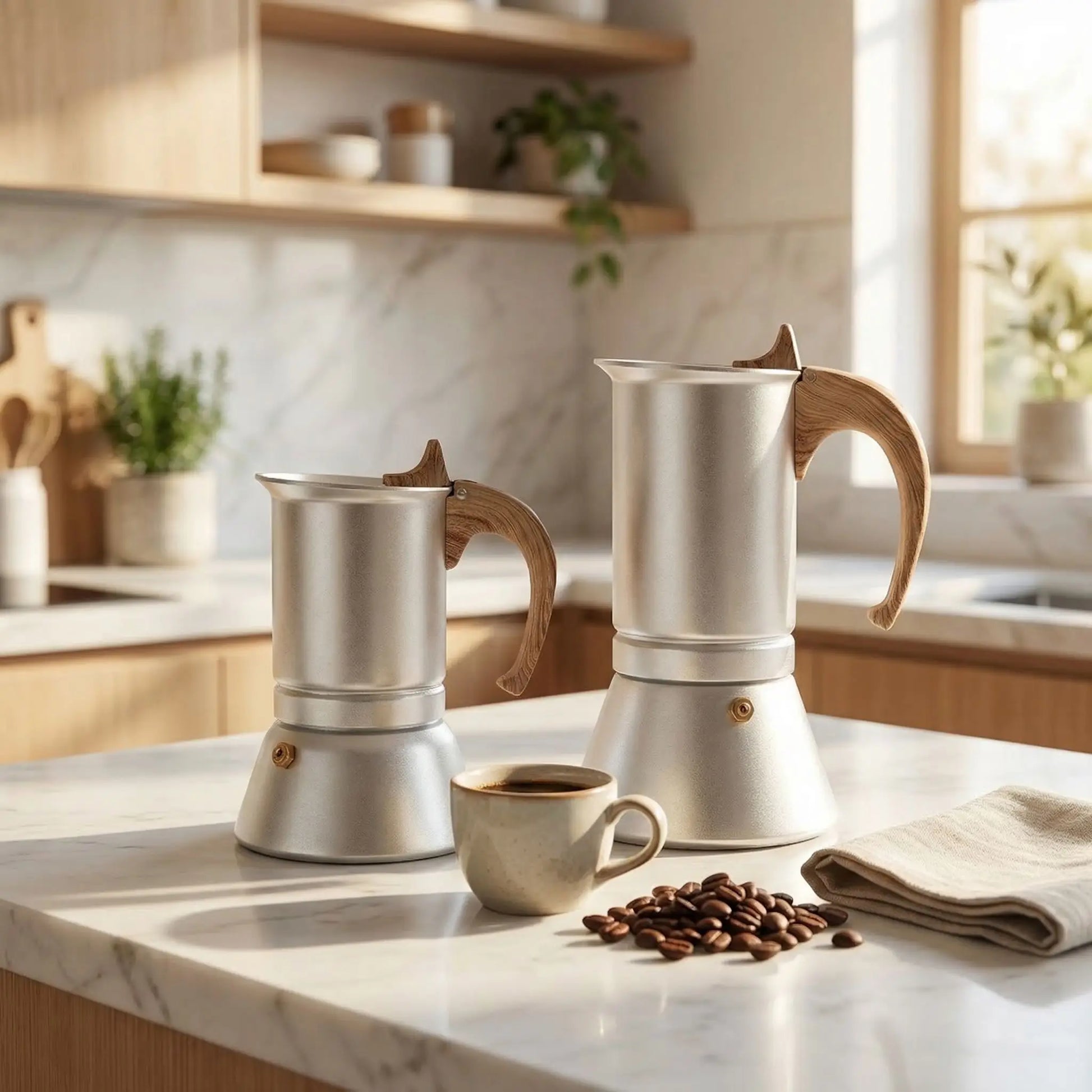 cafetières italiennes sur table cuisine tasse grain de cafe serviette a cote