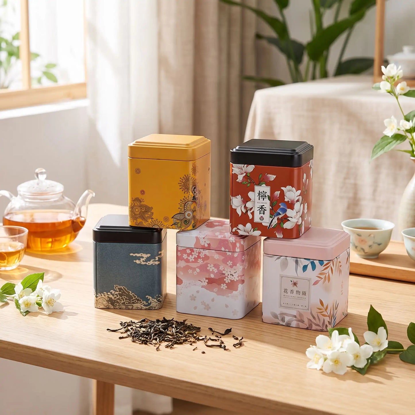 cinq boite pour le the supperposes sur table bois thé vrac fleur tasse thé et théière à coté