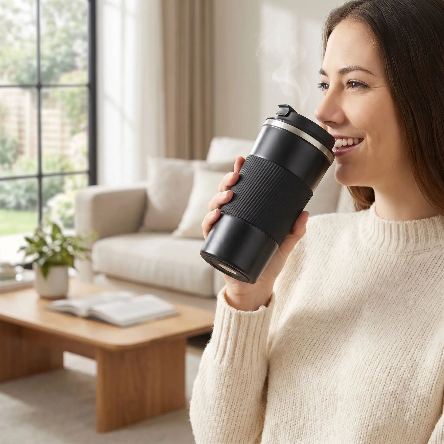 femme buvant avec mug isotherme café noir