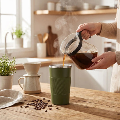 femme remplissant mug isotherme café en cuisine