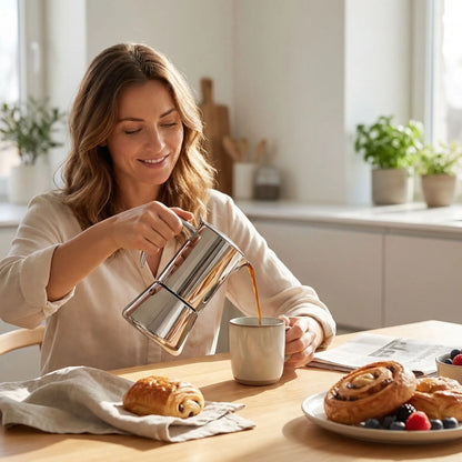 femme servant cafe avec cafetière italienne en inox au petit dejeuner viennoiserie a cote