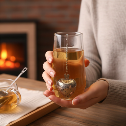 femme tenant verre the avec infuseur