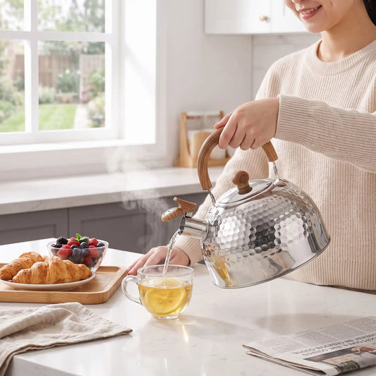 femme utilisant bouilloire sifflante au petit déjeuner pour faire son thé