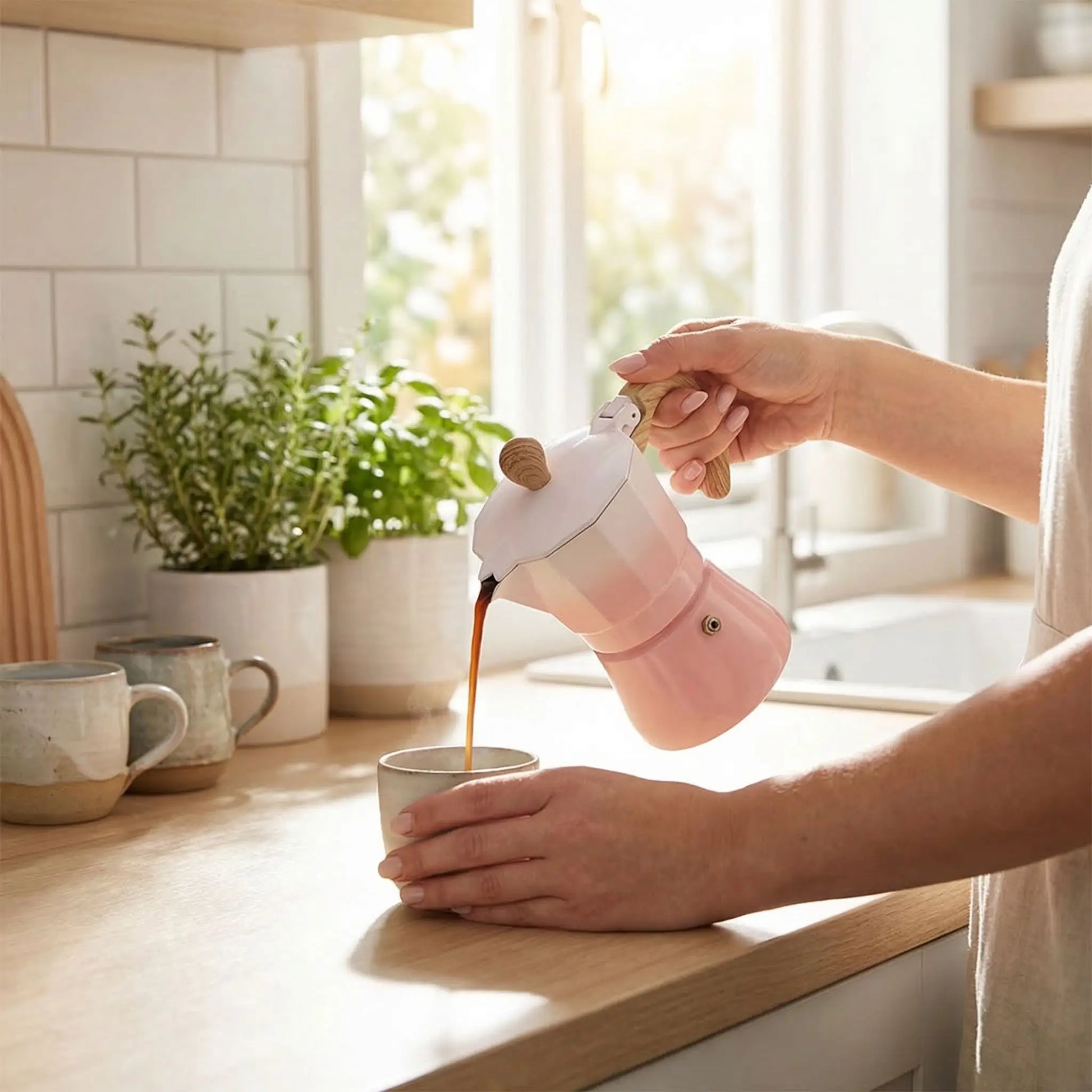femme utilisant cafetiere expresso italienne pour son cafe du matin
