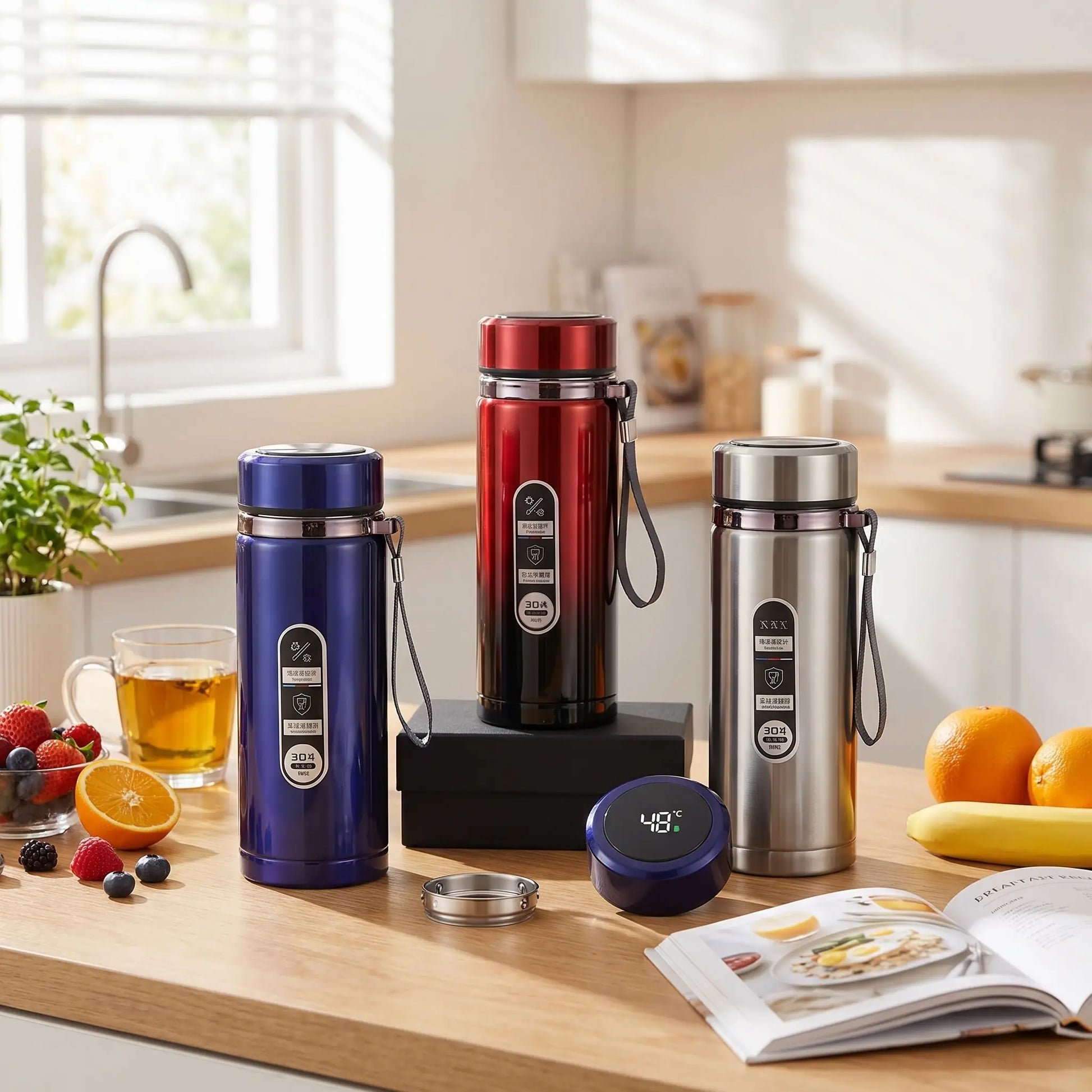 gourde 1l isotherme bleu rouge grise sur table petit dejeuner en cuisine