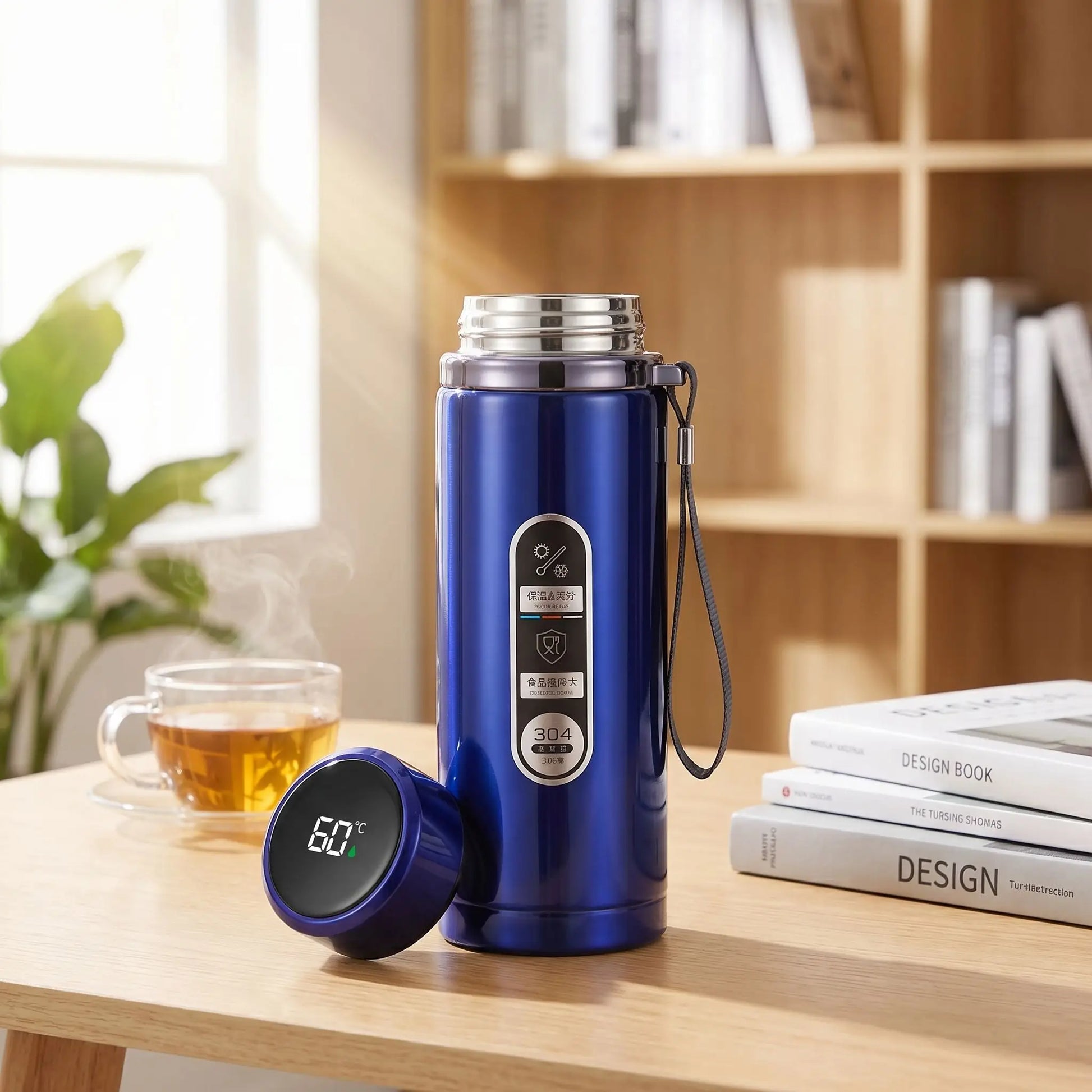 gourde 1l isotherme bleu sur table tasse the et livre a cote