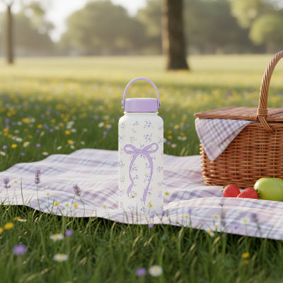 gourde 1l isotherme fleurie avec noeud mauve