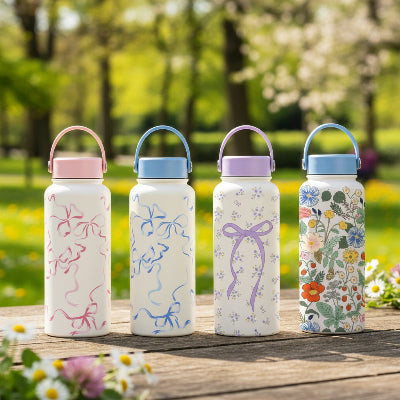 gourde-1l-isotherme-fleurie-pastel-bleu-motif-mauve-noeud-rose-et-motif-noeud-bleu