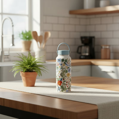 gourde 1l isotherme fleurie bleu pastel sur table cuisine