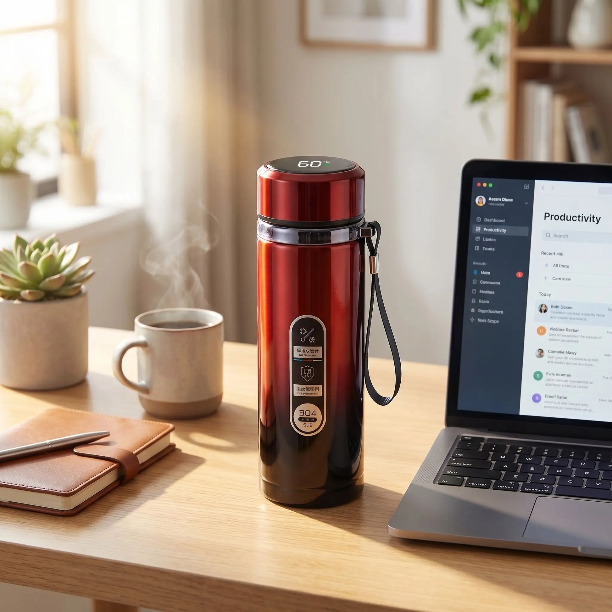 gourde 1l isotherme rouge sur table bureau tasse de cafe ordinateur a cote