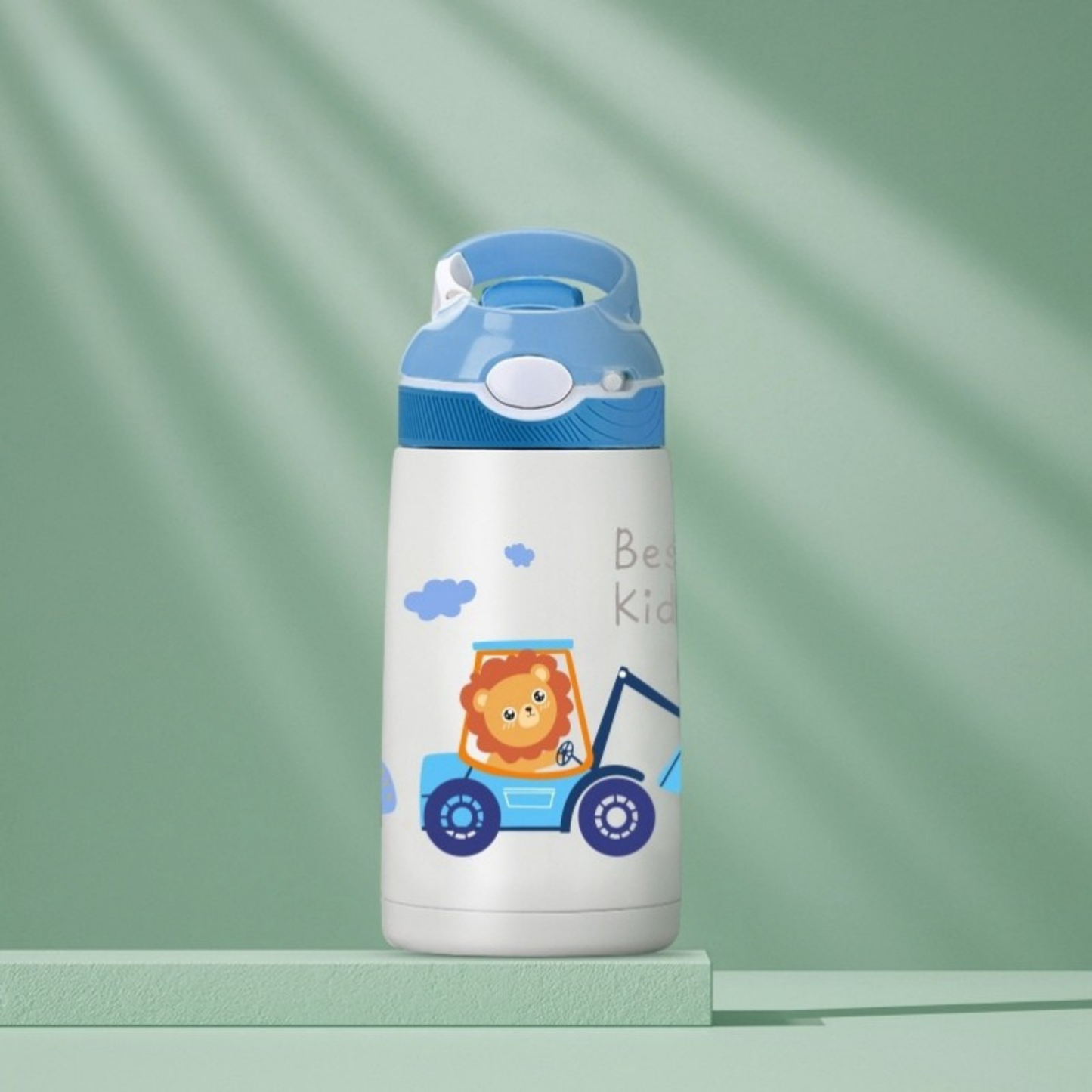 gourde isotherme enfant bleu motif lion surstand vert