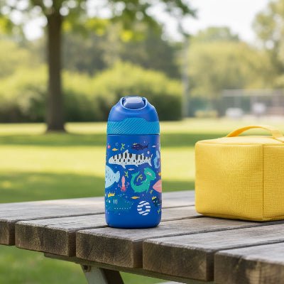 gourde isotherme enfant bleu sur table jardin