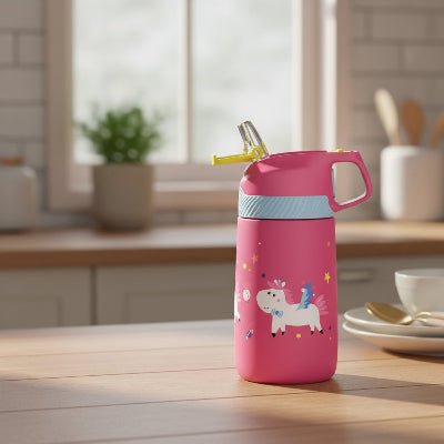 gourde isotherme enfant rouge sur table bois