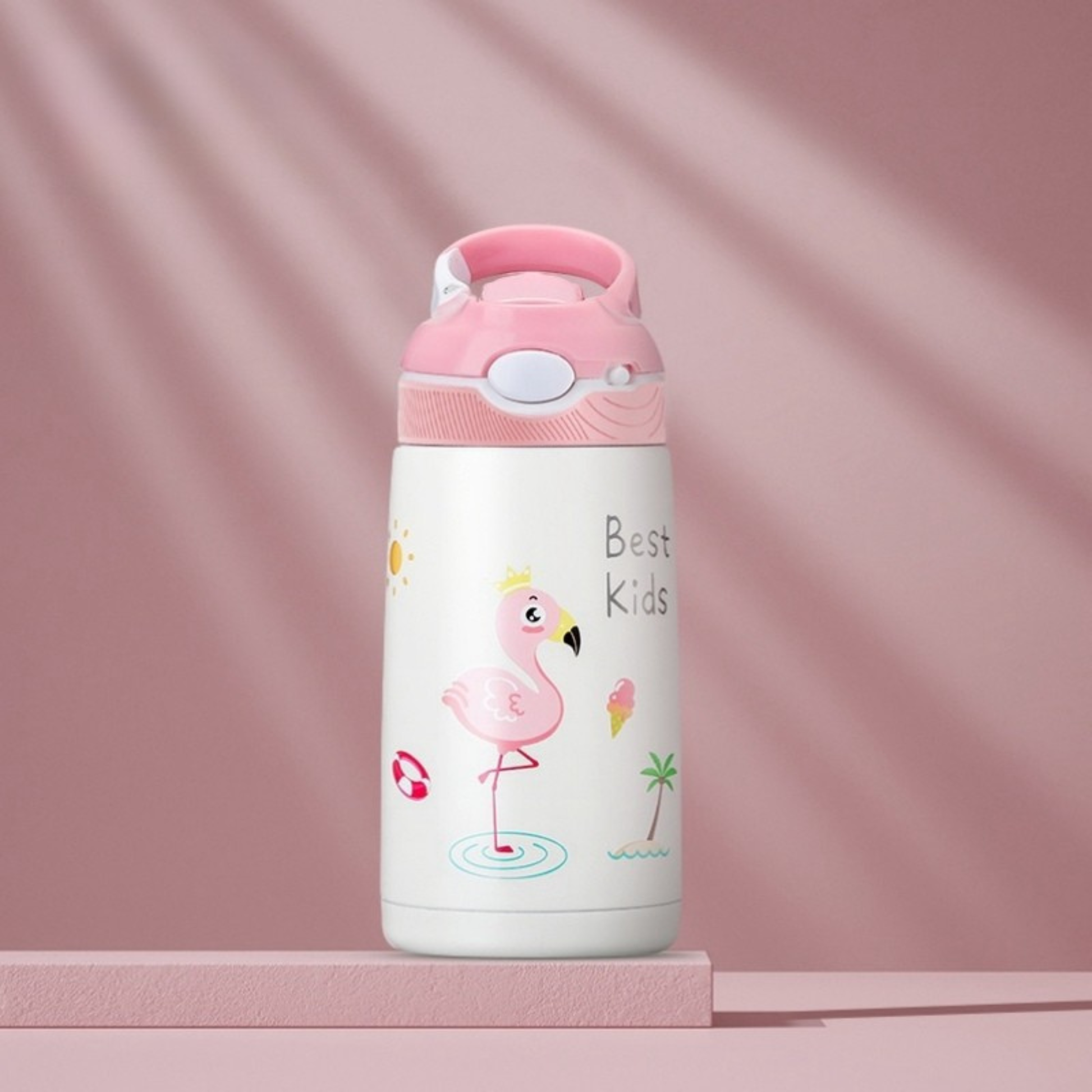 gourde isotherme enfant rose motif flamant rose sur stand rose