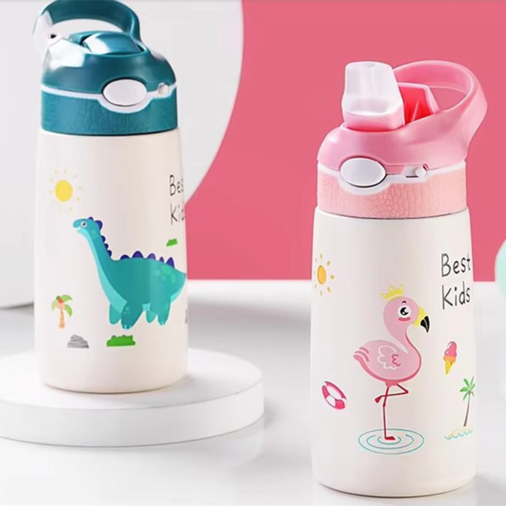 gourde isotherme enfant verte et rose sur table