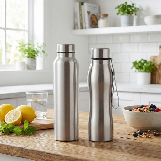 gourde isotherme inox sur table cuisine citron petit déjeuner à coté