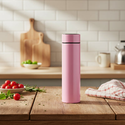 gourde-isotherme-rose-sur-table-cuisine