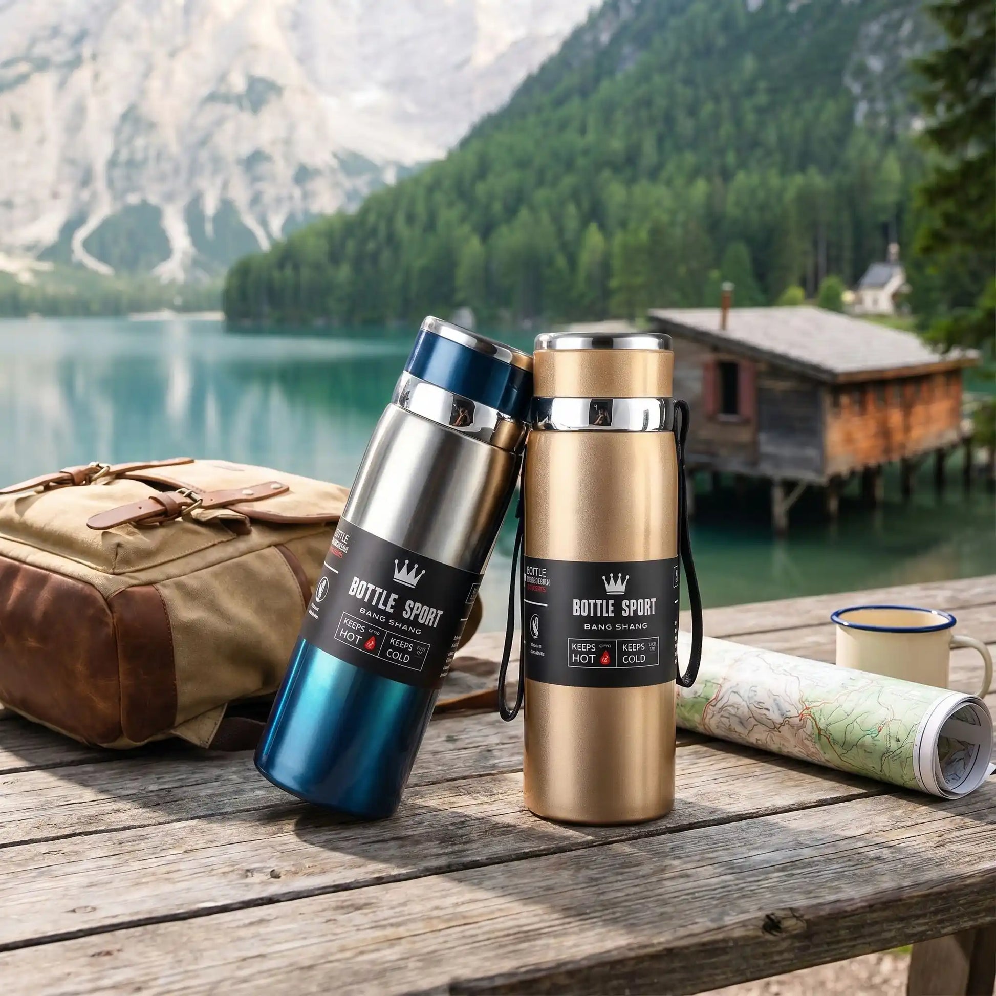 gourde isotherme sport bleu doree sur table sac randonnee carte tasse a cote
